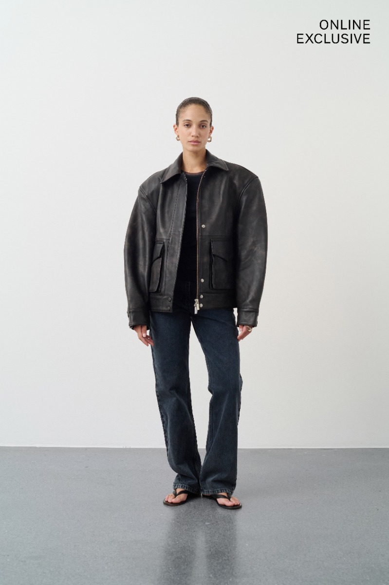 V-Shape Leather Bomber Jacket Dark Brown - REMAIN Birger