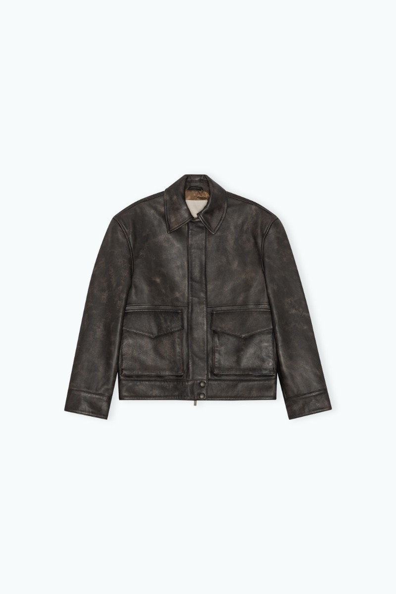 V-Shape Leather Bomber Jacket Dark Brown - REMAIN Birger