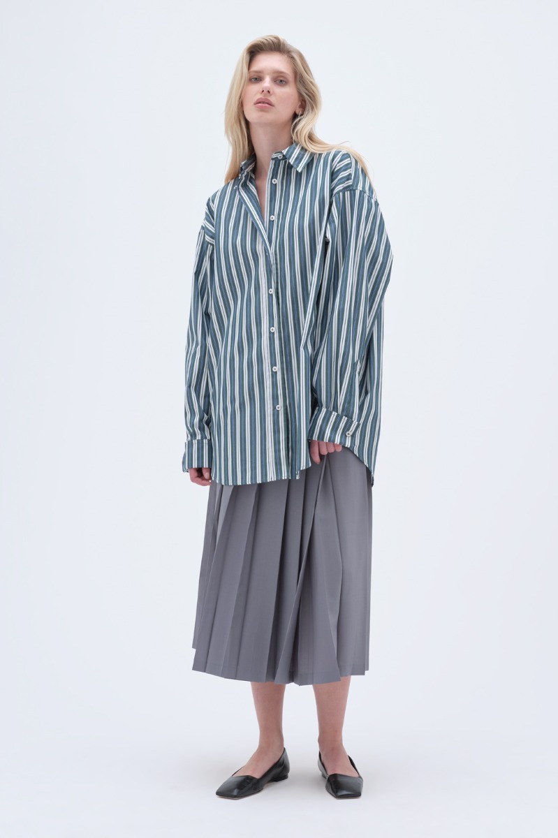 【INCHANT ME】Bridget Pintuck See-Through Long Shirt OP Sheer-Stripe Pintuck Blouse in Women | Vince